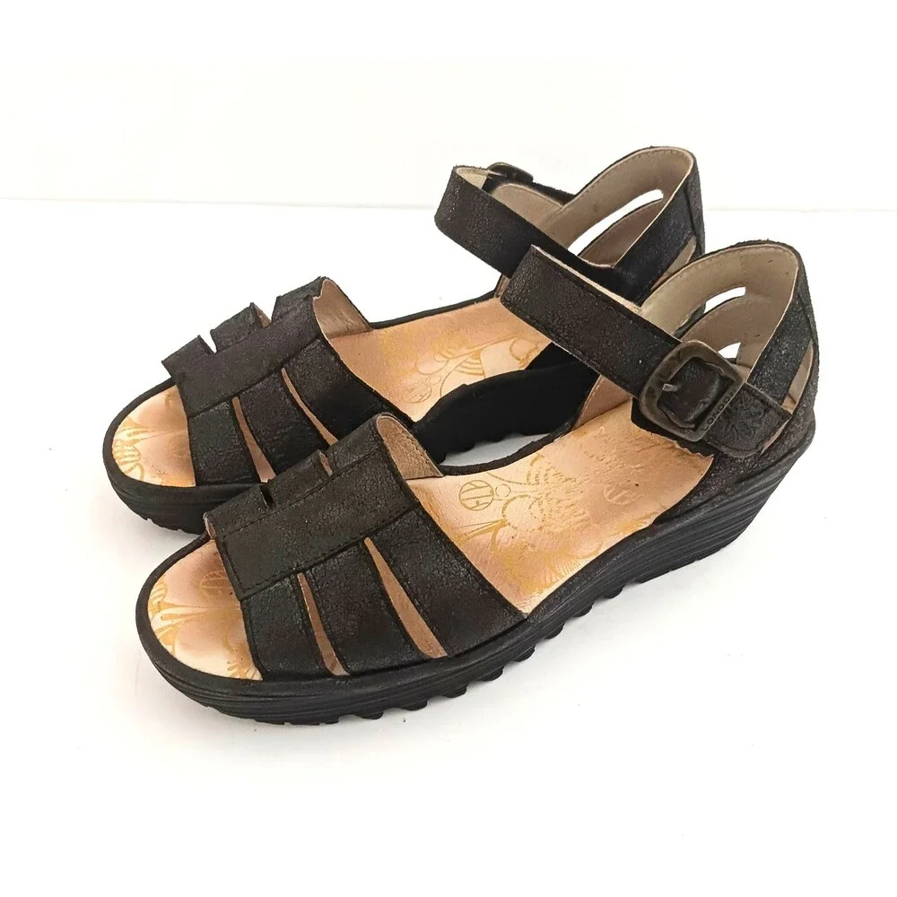 FLY London Rese730Fly Blk Leather Strappy Wedge Sandal Ankle Strap 39/8-8.5